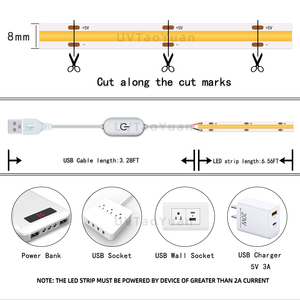 Uvtaoyuan COB <span class=keywords><strong>LED</strong></span> Strip Lights 5V USB ánh sáng trắng <span class=keywords><strong>LED</strong></span> linh hoạt Strip ánh sáng <span class=keywords><strong>8mm</strong></span> 320Led 2m - Product Image 5