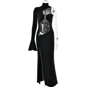 Robe longue asymétrique à découpes, taille naturelle, fente haute, tenue de soirée - Product Image 5