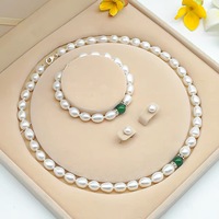 Ensemble de bijoux en perles, cadeau d'anniversaire, collier, bracelet, boucles d'oreilles, perles de riz d'eau douce 7-8 mm, argent 925, bijoux fins pour femmes, vente en gros, sur mesure