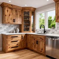 Armoire de cuisine Shaker en bois massif entièrement personnalisée, finition chêne avec vitrine pour projet résidentiel