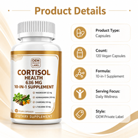 OEM 10 en 1 Capsules végétaliennes pour la santé du cortisol, Ashwagandha, Magnésium, Camomille, L-Théanine, Complément pour l'équilibre du stress chez les adultes
