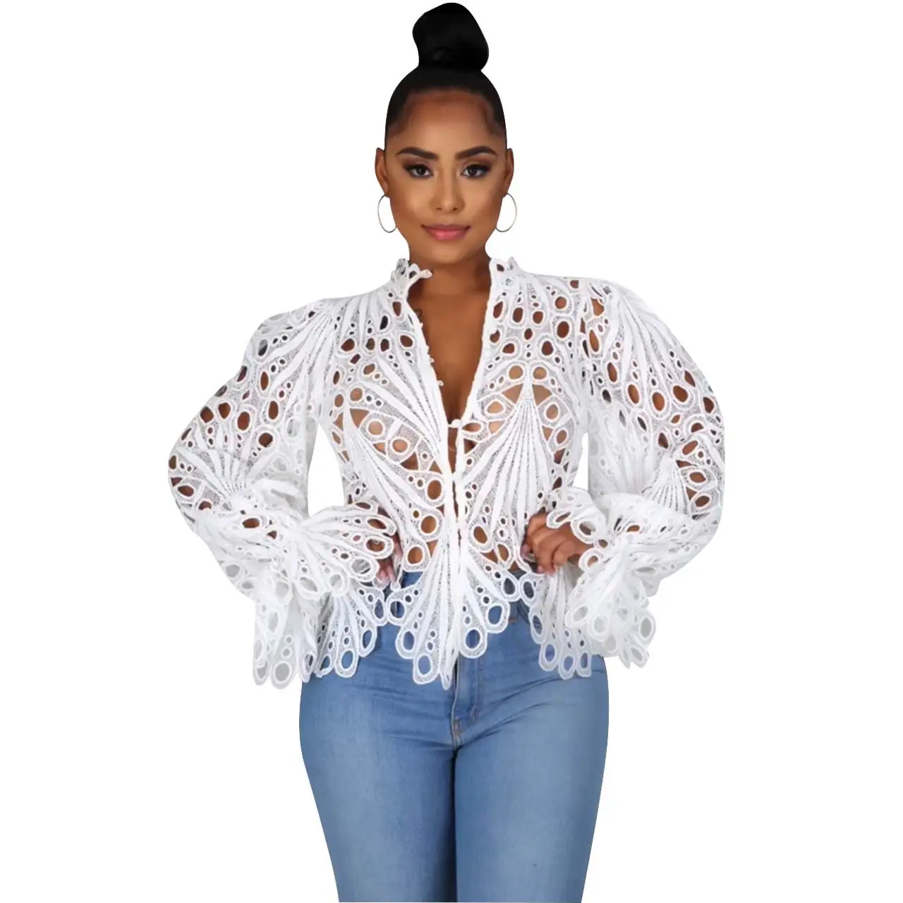 Blusas De Mujer 2022 New Sexy Ruffle Long Sleeve Hollow Out Blouse Women O Neck High Waist Party Top Women Bodycon Lace Blouse
