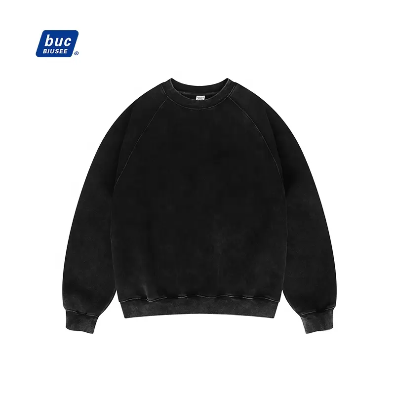 Streetwear Crewneck Cotton Raglan Pullover Blank Custom Heavyweight Fleece Washed Black Men's Sweatshirt