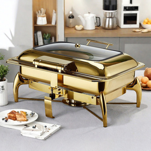 Calentador de Comida Hidráulico con Tapa Enrollable, Acero Inoxidable, 9L, Rectangular, de Lujo, Dorado, para Catering y Hoteles - Product Image 1