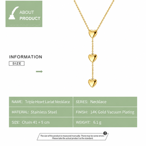 สร้อยคอทริปเปิ้ลฮาร์ท ลาเรียต สแตนเลสสตีล ชุบทอง 14K ด้วยระบบสุญญากาศ สีทองและสีเงิน 41+5 ซม. 6.1 กรัม - Product Image 2
