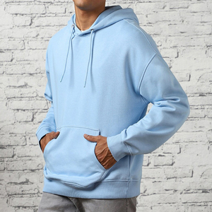 Felpa con cappuccio oversize da <span class=keywords><strong>uomo</strong></span> celeste-Pullover in misto cotone semplice con cappuccio coulisse e <span class=keywords><strong>abbigliamento</strong></span> con tasca anteriore - Product Image 4