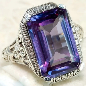 Women's Vintage 925 <b>Silver</b> Cocktail <b>Ring</b> <b>Emerald</b> Cut Moissanite Bezel Setting Flower Pattern Engagement <b>Ring</b> - Product Image 2