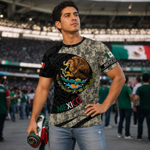 Camiseta deportiva personalizada de manga corta con estampado 3D completo del escudo de México con gráfico del águila y patrón tribal azteca para <span class=keywords><strong>hombre</strong></span> - Product Image 2