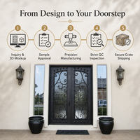 Porte d'entrée moderne en fer forgé, artisanale, avec décorations en volutes, verre martelé, anti-rouille, sécurité, porte simple, sur mesure