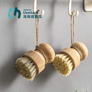 Natural Fibers Kitchen Scrub Dish Pot Pan Cleaning Brush Sisal Pot And Dish Brush With Rubber Wood Handle