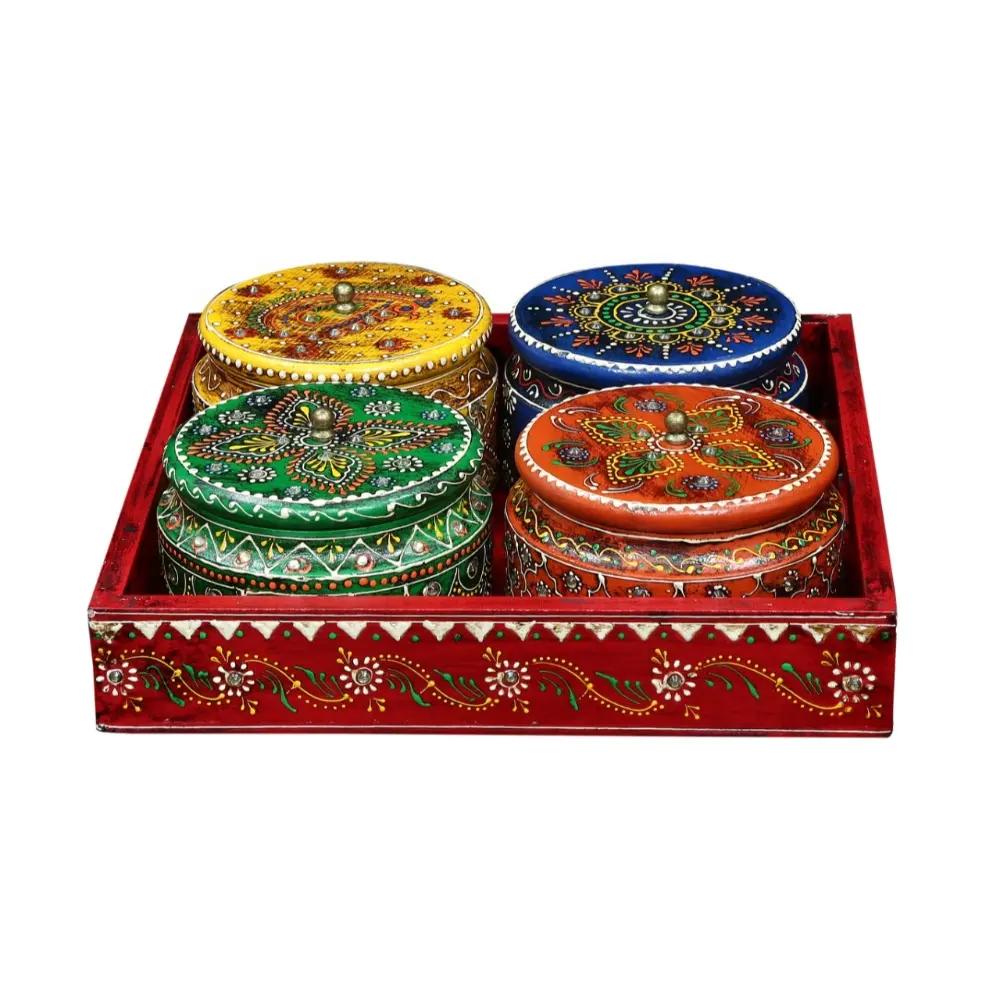 Caixa de frutas seca pintada à mão, artesanato indiano de madeira tradicional com bandeja, outra decoração para casa