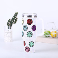 Tasse de bureau personnalisée en acier inoxydable de 40 oz avec strass, écologique, grande capacité, cadeaux de fêtes, motif drapeau, sourires, diamants