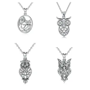 925 Sterling Silver Women Cubic Zirconia Tree Branch Bird Owl Pendant Necklace