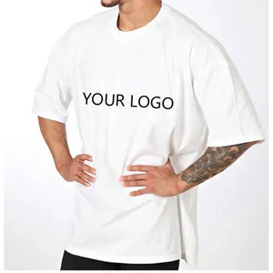 Venta al por mayor logotipo bordado personalizado 240g 100% algodón blanco camiseta hombros caídos en blanco liso camiseta de gran tamaño para hombre