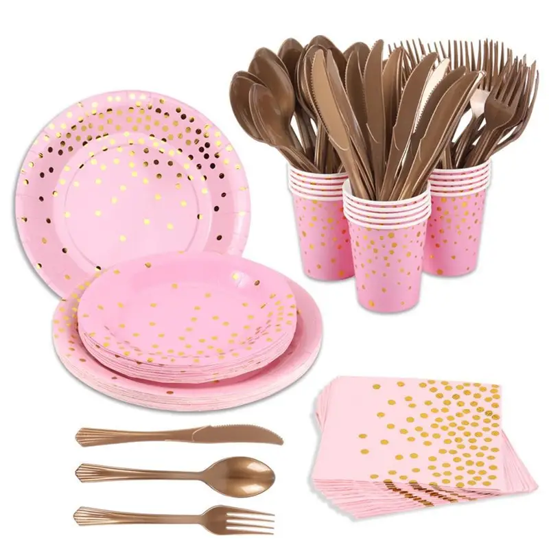 Uwant Hot Selling Themed Birthday Party Hot Stamping Pink Dot Disposable Paper Cup Paper Plate Napkin Tableware Set