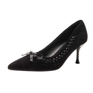 Chaussures simples pour femme à bout pointu et talon fin, en daim mat, style printemps, avec nœud papillon élégant, style noble - Product Image 5