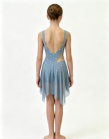 Robe de compétition Anna Shi avec strass, col en V en maille, découpes latérales, jupe irrégulière en mousseline, tenue de performance pour enfants/adultes