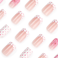 Ongles artificiels minimalistes roses à pois avec motif floral 3D stéréo, réutilisables et amovibles, à presser
