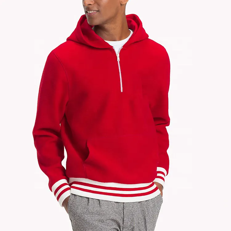 Wholesale men's custom logo red half zip with ribbed stripe trim blank hoodies sweatshirt