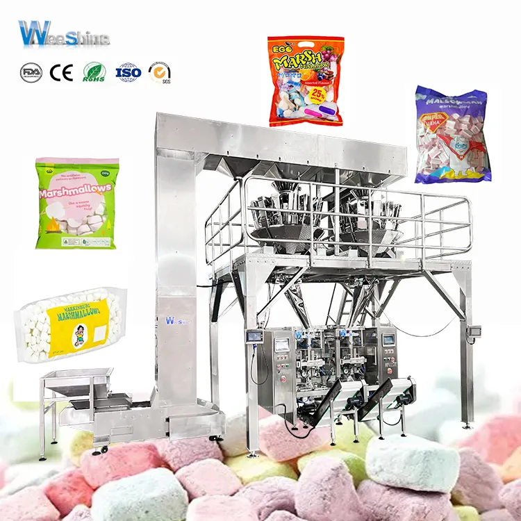 जुड़वां स्वत: वजन पैकिंग मशीन Marshmallows क्रीम कैंडी झींगा स्ट्रिप्स पैकिंग मशीन