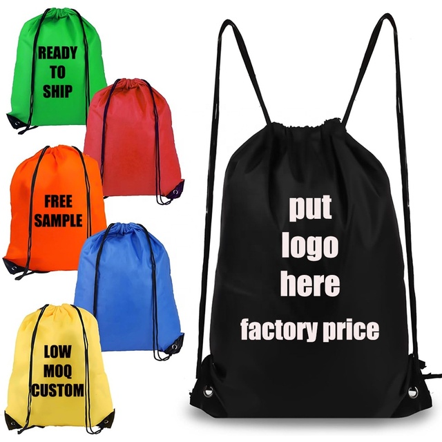 Wholesale Promotional Polyester Nylon Drawstring 34cm Shop Sports Backpack Customized Draw String Bags