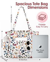 Sac fourre-tout en toile personnalisé, durable, pliable, imprimé de perles et de fleurs, avec fermeture éclair, imperméable, tendance, portable pour filles