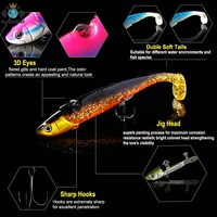 Vente en gros de leurres souples VIB de 30 g, 12 cm, 6 couleurs, tête de plomb, double queue en T, yeux 3D, leurres de pêche avec hameçons VMC