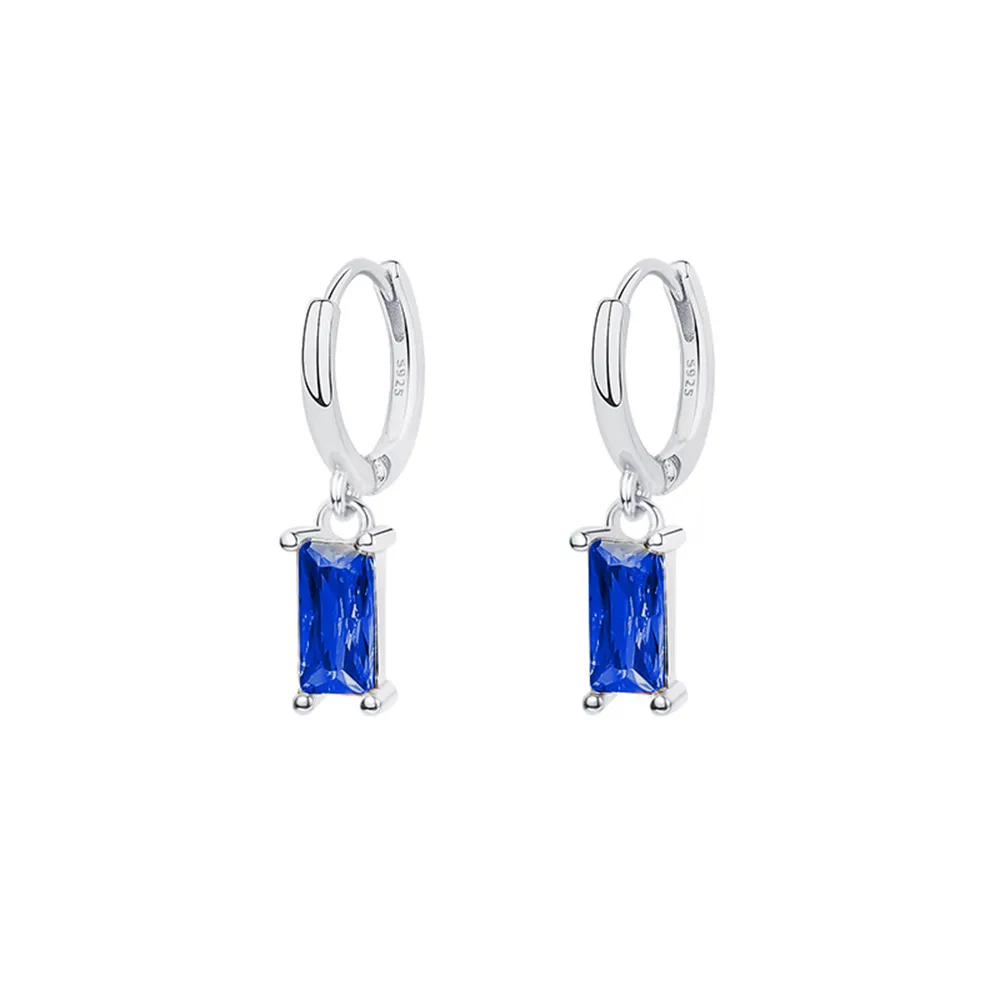 925 Sterling Silver white Gold Plated blue Cz Zircon Geometric Square Vintage Coloured Zirconia Earrings