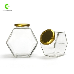 Empty Flat Hexagon <strong>Glass</strong> Jam <strong>Jar</strong> 500g Honey <strong>Jar</strong> <strong>Glass</strong> with Twist Off Golden Tin Lid - Product Image 1