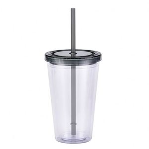 Offre Spéciale – Gobelet personnalisé avec logo imprimé, 16 oz, double paroi, en plastique acrylique transparent, avec trou et paille - Product Image 4