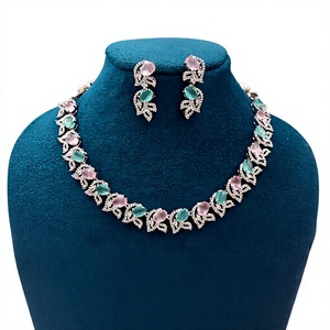 Romantic <b>Silver</b> Plated Alloy Necklace and Earring <b>Set</b> with Pink Green Crystal Rhinestones Plant Pattern for Women Wedding - Product Image 4