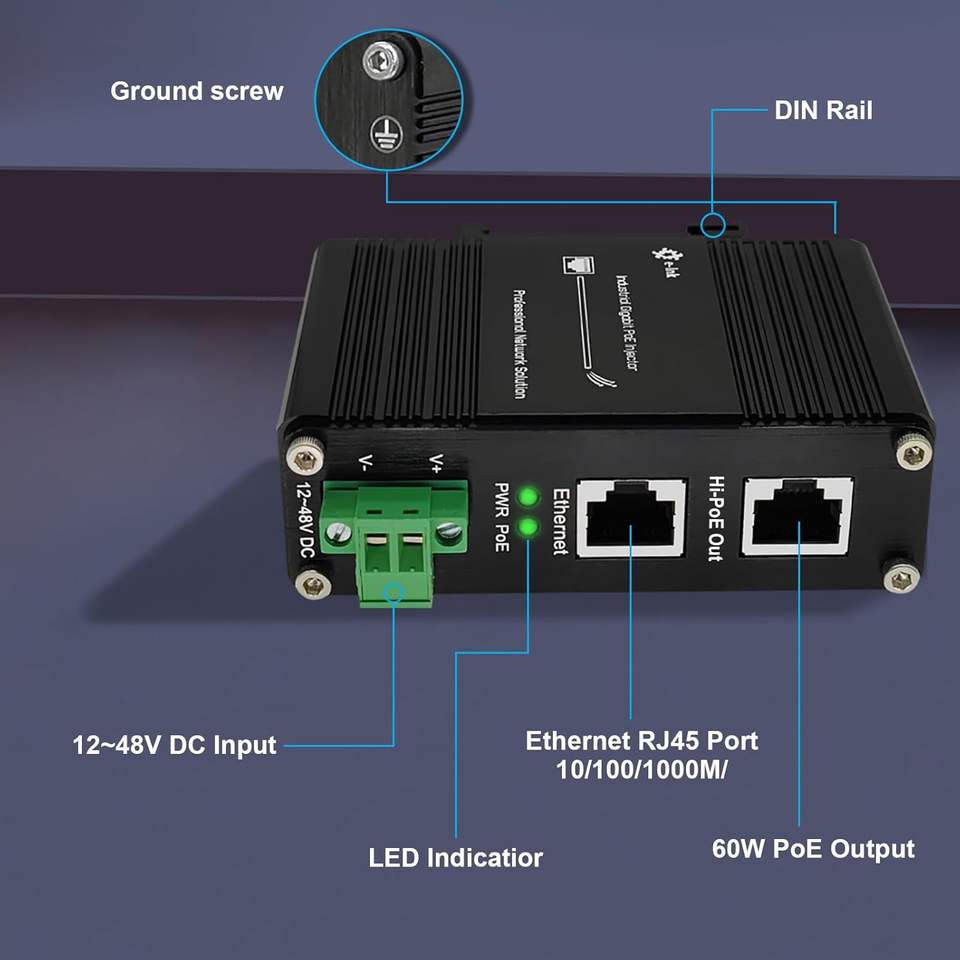 Industrial 60W PoE Injector Gigabit 10/100/1000Mbps Support 802.3af/at 12 to 48VDC Input