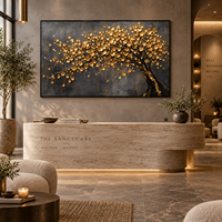 Peinture sur toile texturée 3D Arbre à Argent Feuilles Dorées, Art Mural Botanique Panoramique pour Hôtel, Villa, Salon, Bureau