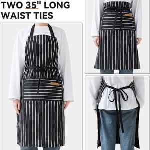 Tablier de cuisine réglable, doux, blanc rayé, uniforme de chef, 2 poches, logo personnalisé, pour hommes et femmes, restaurant, bar, 100% coton - Product Image 4