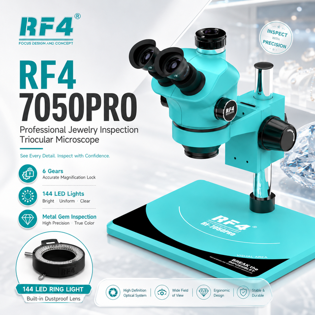 Professional Jewelry Inspection Triocular Microscope RF4 7050PRO 6 Gears Accurate Magnification Lock 144 LED Lights Metal Gem