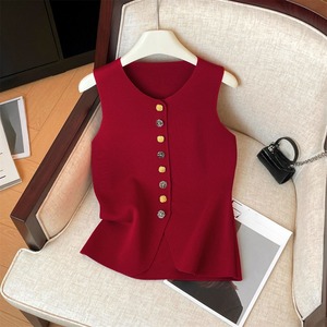 Nouveau Gilet Tricoté <span class=keywords><strong>Sans</strong></span> Manches Amincissant <span class=keywords><strong>Femme</strong></span> Automne 2025, Haut <span class=keywords><strong>Court</strong></span> Boutonné Coloré avec Logo Avant - Product Image 1