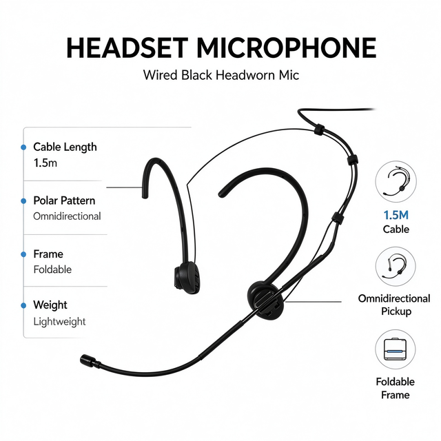Wired Condenser Headset Microphone Foldable Gooseneck XLR 1.5m Cable Lightweight Black for Teaching Stage Recording