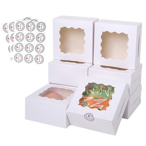 Boîtes à pâtisserie carrées blanches avec fenêtre transparente ondulée, boîtes d'emballage jetables de qualité alimentaire pour biscuits, pâtisseries et gâteaux avec autocollants de remerciement - Product Image 1