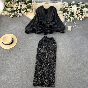 S1240Y 2026 Completo da Donna di Alta Gamma <span class=keywords><strong>Chic</strong></span>, Stile Socialite alla Moda, Top con Vita Aderente e Volant, Abito da Sera a Vita Alta con Paillettes - Product Image 2