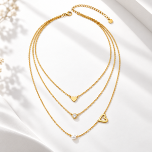 Collier à plusieurs couches en forme de cœur, acier inoxydable, plaqué or 14 carats, faux perle, zircon, trois chaînes, bijoux - Product Image 1