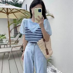 Vêtements pour femmes Mode estivale Patchwork coréen Couleurs contrastées Col en O Femme All-match Fashionable Striped Short Sleeve Tops - Product Image 6