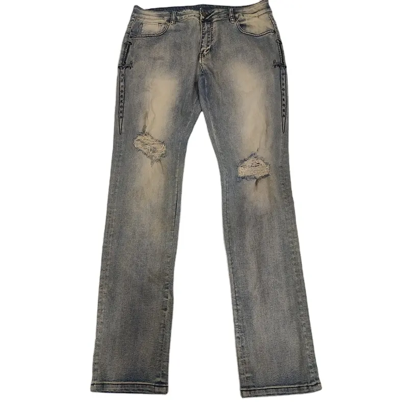Custom Designer Jeans Stone Washed Ripped Design Trousers Straight Casual Jeans Full Logo Printing Design Denim Pants