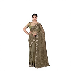 Olive <b>Green</b> Embroidered Silk Saree Set Women Traditional Wedding Wear India Pakistan Style Regular Fit Stretchable - Product Image 1
