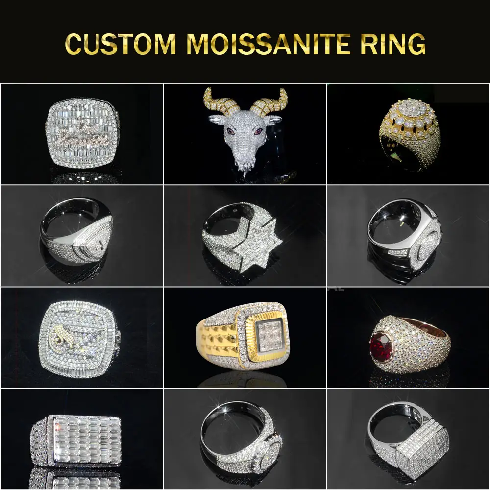 Personalizado Iced Out VVS Moissanite Baguette diamante Hip Hop anillo letra inicial única 925 Plata 10K 14K oro Real para hombres joyería
