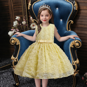 Vestido de niña con flores de rosas amarillas para niños, vestido de princesa de tul con cuello redondo para fiesta de boda - Product Image 1