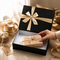 Caja de Regalo de Cartón Corrugado, Negro Mate con Relieve, Cinta Dorada Champán, Tapa y Base Blancas, Fabricación Directa de Fábrica OEM ODM, Logotipo Personalizado