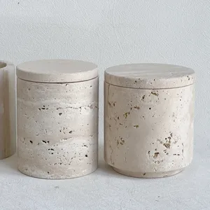 Stonekocc D9X11.5CM Wabi-sabi Beige travertino vasi di marmo vaso di pietra serbatoio di candela con coperchio e scatole imballaggio