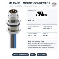 Connecteur M8 à montage sur panneau, mâle, codage A, étanche IP67, 3, 4, 6, 8 broches, pour capteur, actionneur, câble, CULus, industriel, PLC, robotique