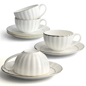 أكواب شاي وقهوة بيضاء فاخرة سعة 6 أونصات مع حواف ذهبية، طقم أكواب وصحن كابتشينو من الخزف الصيني سعة 180 مل - Product Image 1