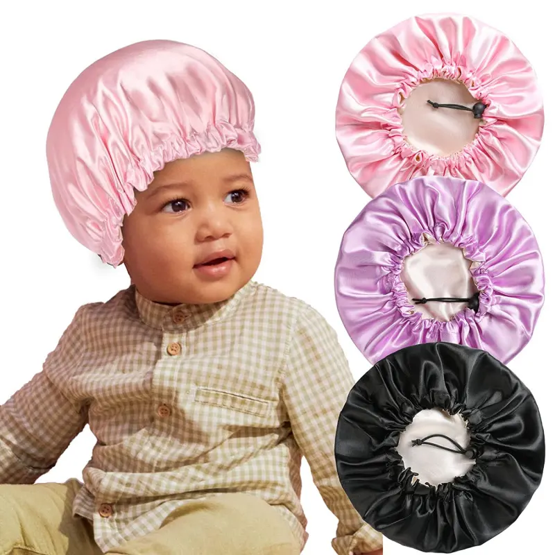 HZO-18032 Kids Satin Bonnets Sleeping Cap Hair Bonnet for Showering Adjustable Silky Night Hats for Teens Toddler Child Baby